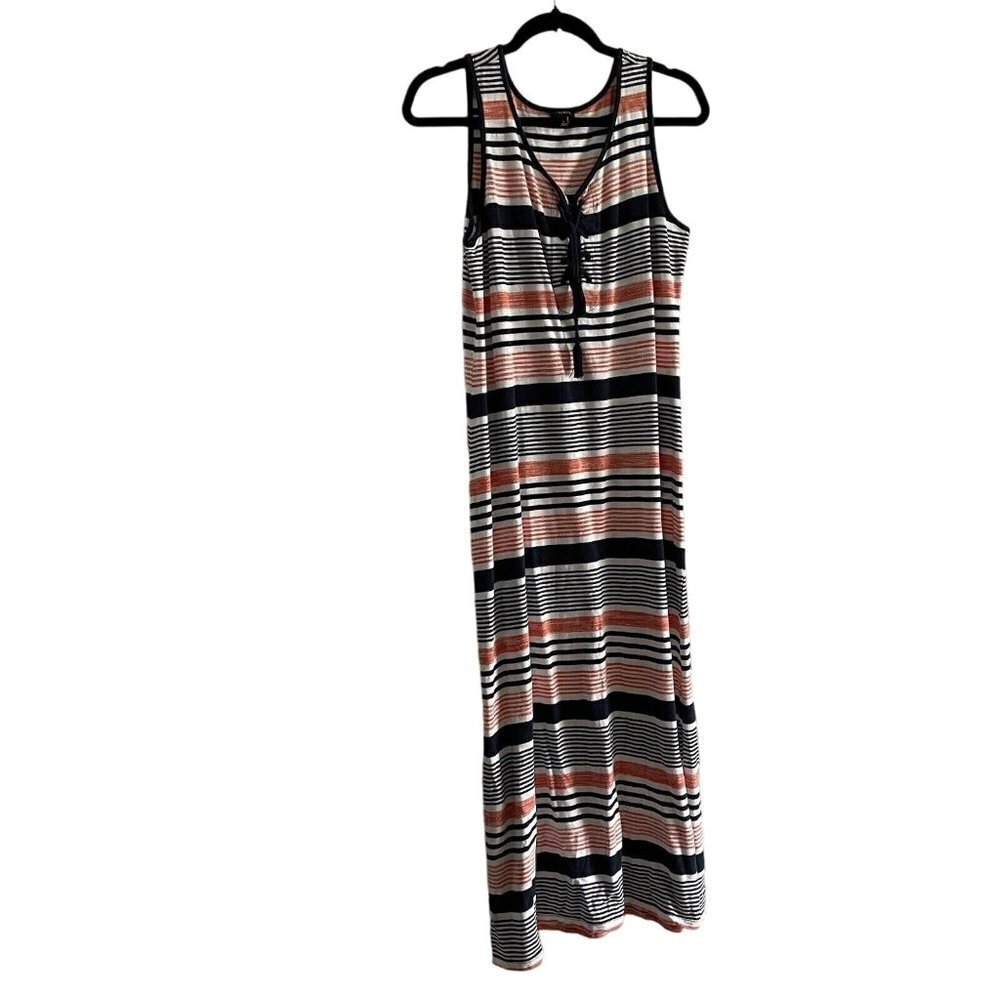 Talbots Women SZ L White/Blue/Orange Stripe Sleeveless Tie Neckline Maxi Dress